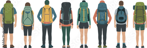 Hiking group with backpacks illustration, trekkers from back view, outdoor camping and adventure concept for travel, trekking, exploration, and mountain journey