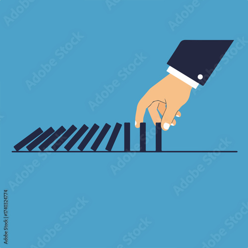 Hand pushing dominoes, initiating a chain reaction