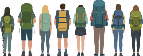 Group of travelers with backpacks illustration, hiking and trekking people from back view, outdoor adventure design for camping, travel, and exploration themes