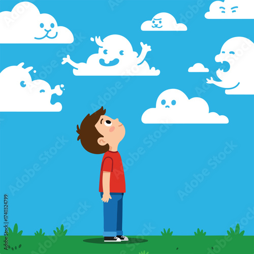 Boy gazes at sky filled with expressive, anthropomorphic clouds