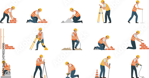 Construction workers illustration set with builders, masons, and engineers using tools, surveying equipment, and laying bricks at building site activities