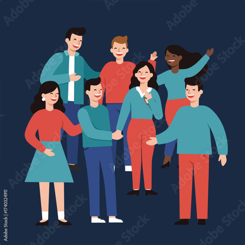 Diverse group of smiling people in casual clothing, interacting and looking happy