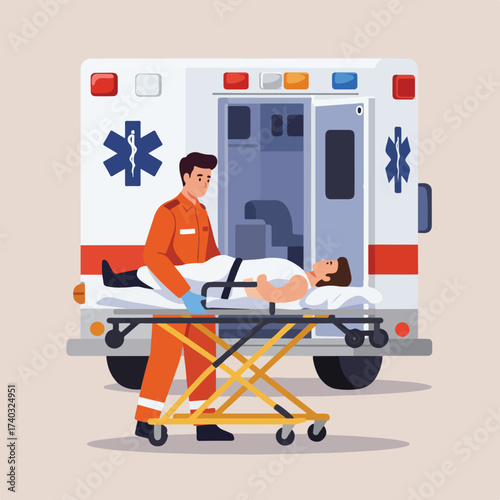Paramedic carefully loads patient on stretcher into open ambulance