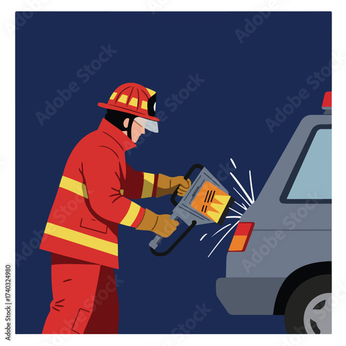 Firefighter uses tool on car side