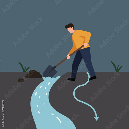Person digs in dirt near water flowing through a ditch
