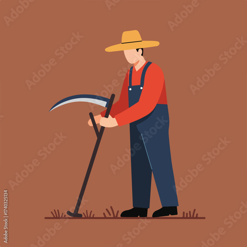 Farmer in straw hat and overalls uses a scythe to cut grass