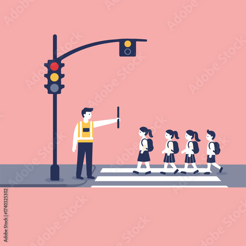 A crossing guard helps schoolchildren cross a street with a traffic signal