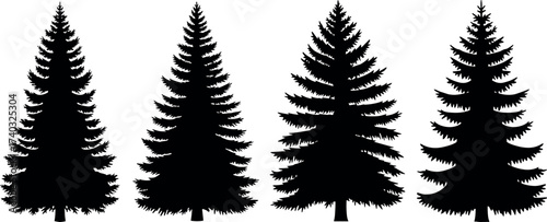 Silhouette set of fir and spruce trees isolated on white background for forest, nature, botanical, and seasonal design themes