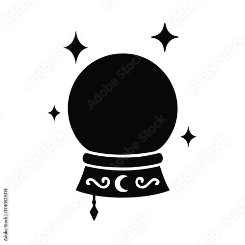 Vector art of a black silhouette of a crystal ball with sparkling stars around it, resting on an ornate stand, isolated on a, symbolizing fortune telling and mystery