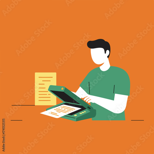 Person operating a scanner with documents on an orange background