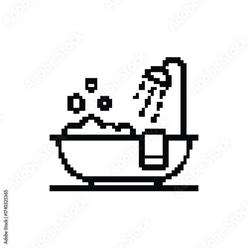 Pixel Art Bathtub Icon with Bubbles and Shower Ready for Relaxation and Bathing