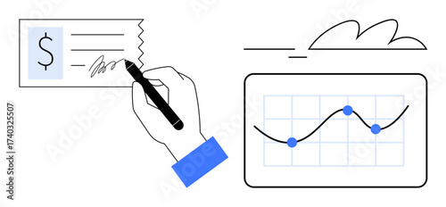 Hand holding pen to sign check, next to tablet with line graph and dots tracking progress. Ideal for finance, banking, data, investment, growth, transactions efficiency. Simple flat metaphor
