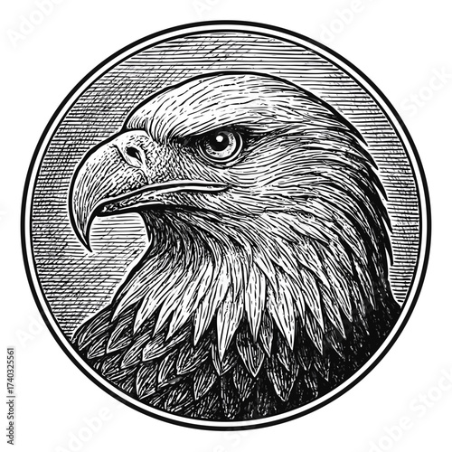 Detailed vintage engraving style illustration of a majestic eagle head, a classic black and white wildlife portrait in a circular emblem