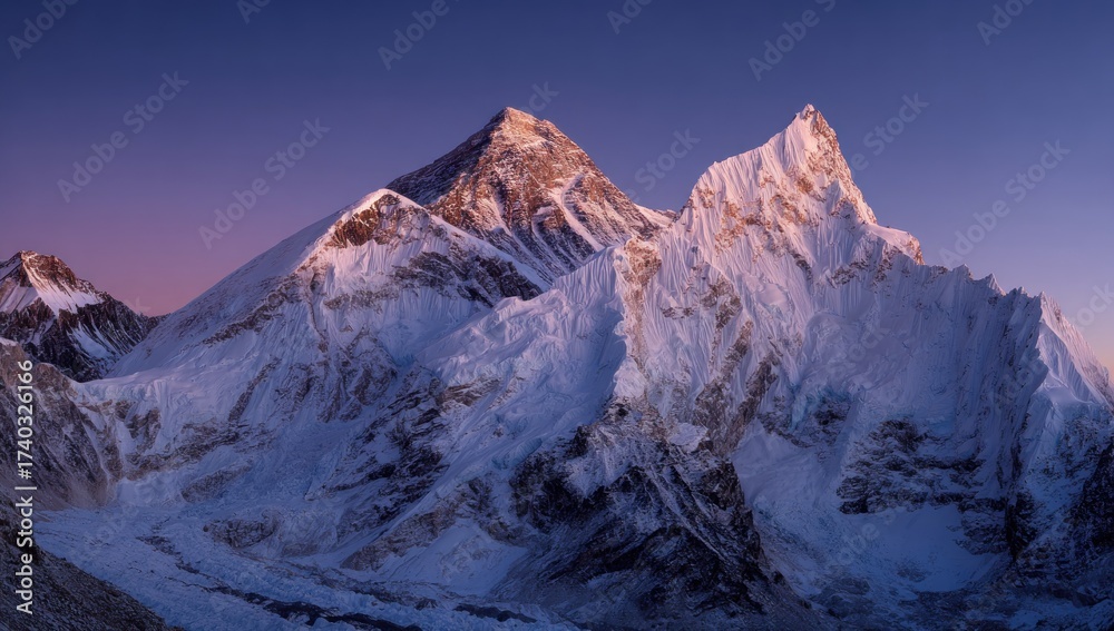 Fototapeta premium Majestic snow-capped mountains, lit by early morning sun, against a gradient purple sky