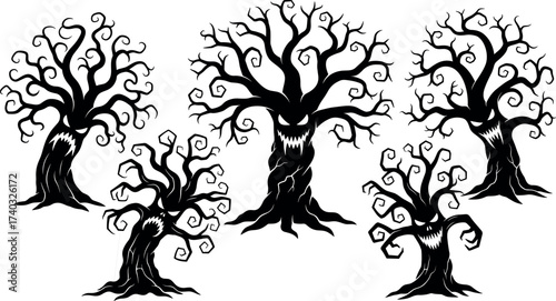 Spooky haunted forest with evil twisted trees, scary faces, Halloween horror theme, eerie monochrome vector illustration for dark fantasy design