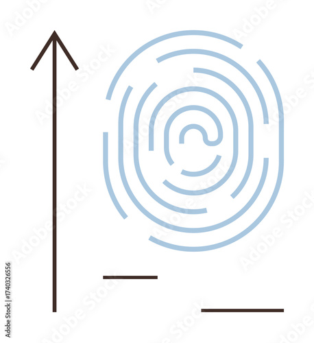 Fingerprint and upward arrow symbolize identity, innovation, security, progress, and growth. Ideal for tech, safety, biometric systems leadership personal development and authentication. A simple