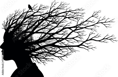 Surreal human head silhouette with tree branches, nature elements, bird, and forest concept blending mind and environment in harmony