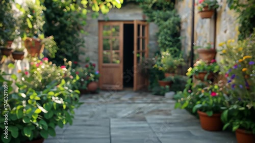 Wallpaper Mural Serene Garden Entrance: A sun-dappled garden scene with stone pathways leading towards a wooden door invites tranquility. The lush array of potted plants and hanging baskets. Torontodigital.ca
