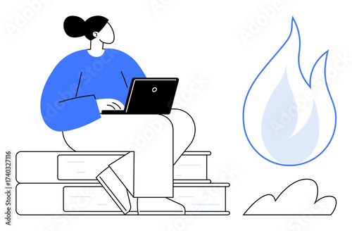 Woman sitting on stacked books using a laptop beside fiery imagery, blending learning, growth, focus, and creativity. Ideal for education, technology, motivation, productivity innovation