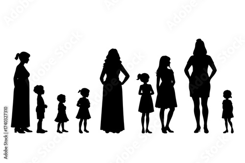 Silhouettes of women and children, symbol of family, growth and unity