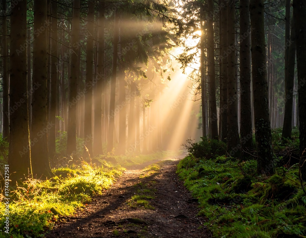 Obraz premium Sunlit Path Through a Mystical Forest.