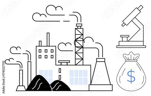 Factory emitting smoke with coal piles, microscope symbolizing research, and money bag for financial growth. Ideal for economy, industry, environment, research, innovation, sustainability energy