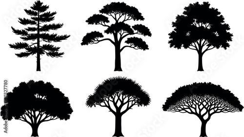 Tree silhouette collection featuring diverse species, isolated black vector trees for landscape design, nature themes, and environmental graphic projects