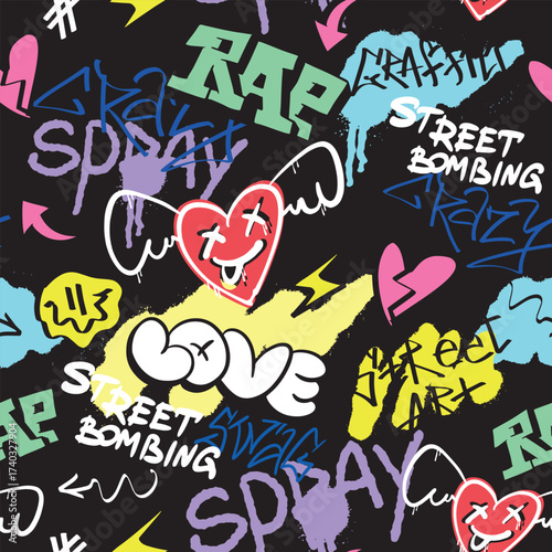 Seamless pattern street graffiti lettering elements in the grunge style with tags, drips on black bg. Urban savage spray paint art. Set creative vector design teenage graffiti cartoon for tee t shirt