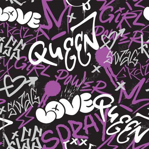 Seamless pattern street black and graffiti Queen elements in grunge style on black bg. Symbols of feminism. Urban savage spray paint. Install a creative vector teen design for a T-shirt or sweatshirt.