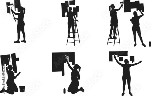 Silhouette of woman painting wall, home renovation, DIY decoration, creative project, roller paint work, improvement design, construction art, interior makeover, decor
