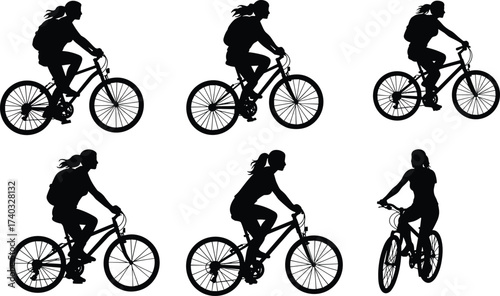 Silhouette of woman riding bicycle, outdoor cycling exercise, healthy lifestyle activity, sport fitness training, transportation eco travel, bike riding workout practice
