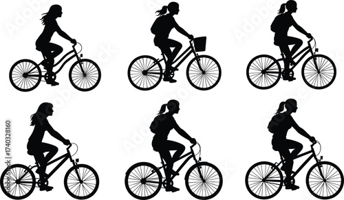 Silhouette of women riding bicycles, outdoor cycling activity, healthy lifestyle exercise, eco friendly transport, sport fitness workout, active motion travel commuting