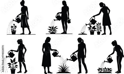 Silhouette of women watering plants, gardening activity, eco lifestyle, flower care, garden maintenance, nature love, healthy green environment, plant growth support