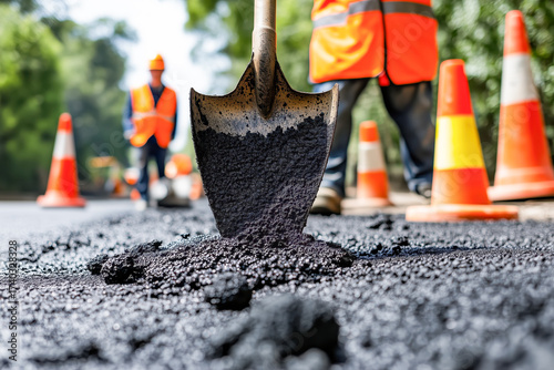 Road construction workers paving a new road, using asphalt laying equipment, steamrollers, and traffic cones for safety