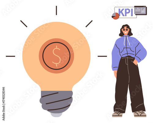 Light bulb with dollar sign representing innovative money-making ideas, young person in casual attire illustrating modern entrepreneurship, KPI chart highlighting operational efficiency. Ideal