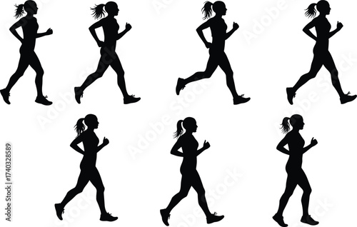 Running woman silhouette, female jogging exercise, fitness athlete training, healthy lifestyle workout, marathon runner, outdoor activity, sports illustration, active girl movement, endurance