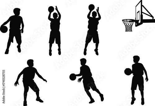 Silhouette of boys playing basketball, dribbling, shooting, jumping, defending, isolated players action poses, sport activity, basketball hoop, teamwork, competition