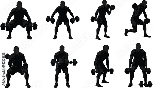 Silhouette of man lifting dumbbells, fitness workout training, strength exercise routine, bodybuilding gym activity, power lifting sport, healthy lifestyle motivation