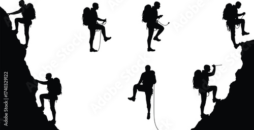Silhouette of rock climber with rope, backpack, hiking adventure, extreme mountaineering, outdoor trekking, mountain climbing sport, expedition, challenge, exploration