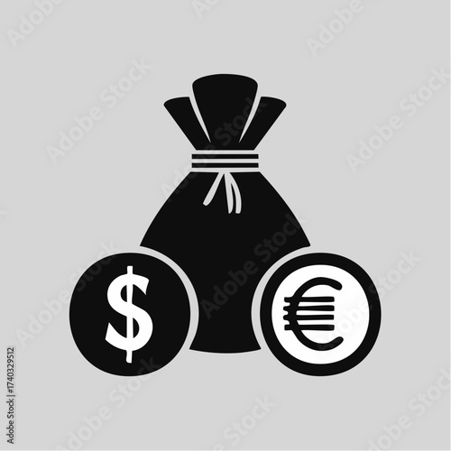 bag with dollar and euro, Black and White Dollar and Euro Money Bag Icon set vector silhouette white background
