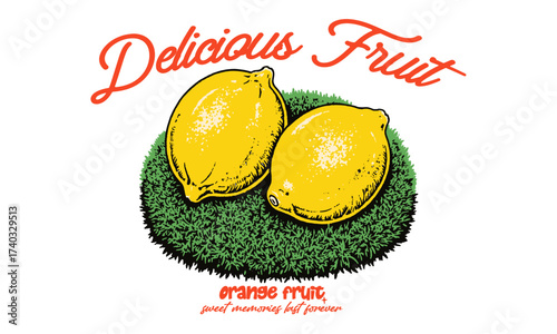 retro illustration of two fresh lemons on a patch of grass. Vintage delicious fruit artwork for a poster