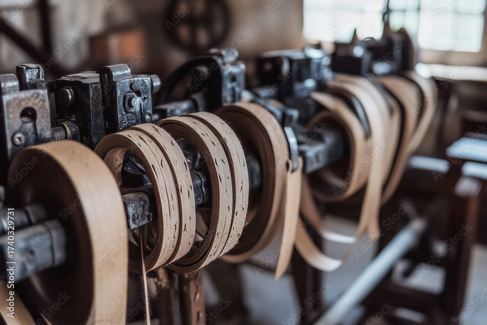 Fototapeta premium Production of rubber bands, showing machines cutting and shaping rubber into elastic bands
