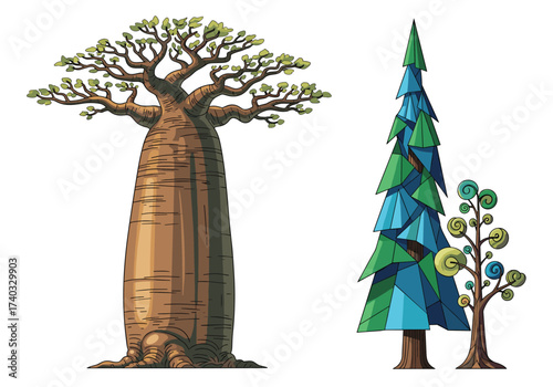 Baobab tree illustration, thick trunk ancient tree, lush deciduous tree with green foliage, seasonal contrast, nature diversity artwork, environmental landscape concept