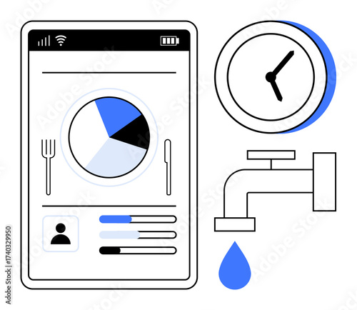 Smartphone screen displays dietary analytics, pie chart, progress bars, clock symbolizes time management, and faucet with water drop indicates hydration tracking. Ideal for health, wellness, fitness