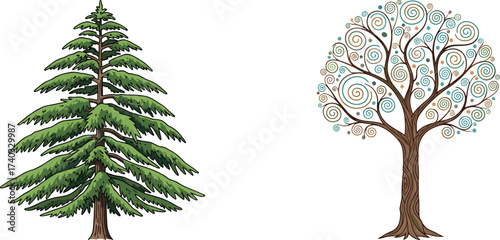Coniferous pine tree illustration, evergreen nature artwork, stylized deciduous tree with colorful swirls, seasonal contrast, artistic design, environmental diversity concept