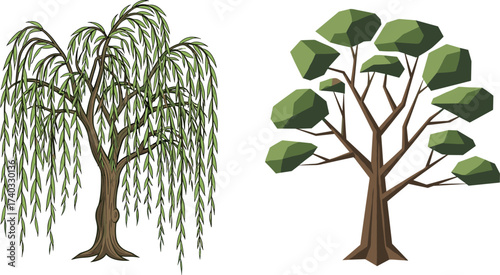 Weeping willow tree illustration, drooping branches with green leaves, abstract geometric deciduous tree, seasonal contrast, artistic nature design, environmental landscape concept
