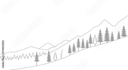 Minimalistic mountain landscape vector illustration with fir trees on hillside
