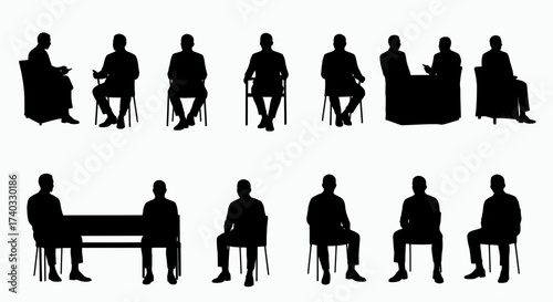 Silhouette Illustrations of People Seated in Various Poses and Settings on White Background