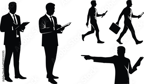 Businessman silhouette, clipboard pose, office worker, phone call, corporate job, professional gesture, business walk, career occupation