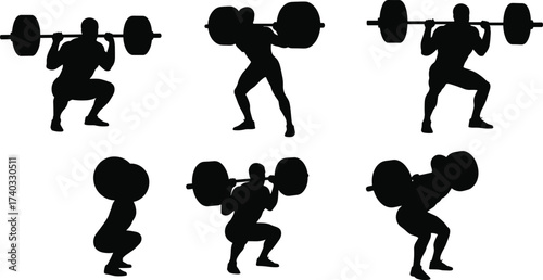 Barbell squat silhouette, weightlifting pose, gym workout, strength training, fitness exercise, bodybuilding job, athletic work, sport occupationBarbell squat silhouette, , 